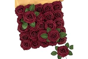 N&T NIETING Artificial Flowers Roses, 25Pcs Foam Roses Real Touch Red Rose with Stems Fake Flowers for Wedding Bridal Bouquets Centerpieces Floral Arrangement Party Home Decoration, Dark Red
