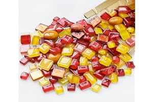 MESCHETT 500 Grams Glass Mosaic Tiles, Irregular Crystal Mosaic Tiles for Crafts Bulk and Tiny Stepping Stone kit, Transparent Stained Glass Sheets for Handmade DIY Art Crafts and Home Decoration,Red-Orange