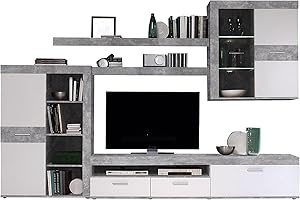 AVANTI TRENDSTORE Fondi - Parete da soggiorno a 5 pezzi in laminato, moderna e spaziosa, colore grigio cemento/bianco. Dimensione: LAP 300x201x41 cm