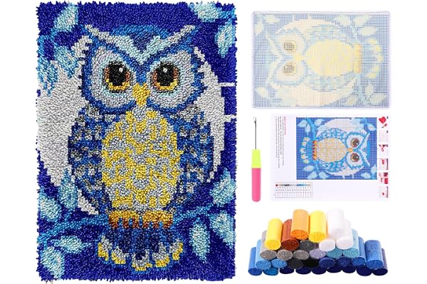 harupink Kit de tapis à nouer soi-même, pour enfants, débutants et adultes, avec pré-impression et programme d'apprentissage en anglais, kit de nouage au point de croix, 52 x 38 cm, motif chouette