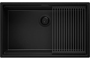 PRIMAGRAN Fregadero bajo Encimera Todo Negro 76x47cm, Cocina 1 Seno + Sifón + Enrollable Escurridor, Granito al mueble 80cm - Prague S402