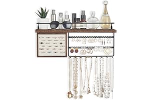 Mkono Hanging Jewelry Organizer Wall Mounted Necklace Holder with Rustic Wood Shelf, Ring Display Box, Ear Studs Earring Holder Bracelet Organizer