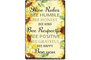 CREATCABIN Hive Rules Bee Happy Metal Tin Sign Retro Vintage Funny Wall Decor Art Mural Hanging Iron Painting para el Hogar Jardín Bar Pub Cocina Sala de Estar Oficina Garaje Placa de 8 x 12 Pulgada