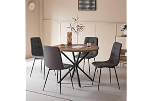 DEYARNA HOME Essgruppe 5-Teilig, 100cm Runder Esstisch und 4 Kunstleder Esszimmerstühle, Tisch und 4 Stühle für Küche, Wohnzimmer, Balkon, Restaurant, Büro (Dunkle Holzfarbe+Dunkelgrau)