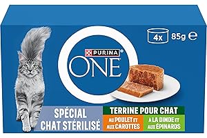 PURINA ONE | Terrines pour Chat Stérilisé | Aide à Maintenir Un système immunitaire sain, Soutenir l'équilibre du microbiome intestinal et à contrôler Le Poids | Poulet et Dinde |Boîtes | 4 x 85 g