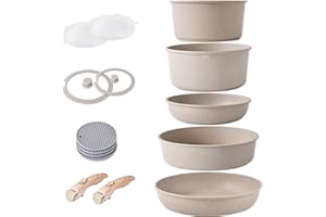 RIOVARM Inducción Juego de ollas y sartenes con asas Desmontables, Apilable Antiadherente Granito Sartenes y ollas con Tapas,