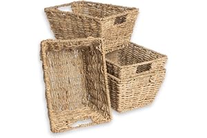 Vencier Set of 4 Handwoven Seagrass Storage Baskets – Natural Wicker Organizer Baskets with Handles for Shelves, Bathroom, Bedroom, and Home Office – Nesting Design for Space-Saving Storage