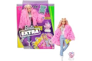 Barbie Extra Doll, Barbie Doll with Pink-Streaked Blonde Hair and Blue Eyes, Fluffy Pink Jacket, Toy Pet Unicorn Pig and Doll Accessories, Toys for Ages 3 and Up, One Doll, GRN28
