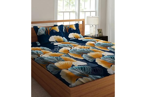 RD TREND Presents Luxurious Glace Cotton Super Soft 210 TC 360° Elastic Fitted Leafs Bedsheet Queen Size (78X60X8 Inch) with 2 Pillow Covers, Color-Teal Blue