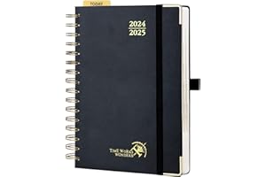 POPRUN Agenda 2024 2025 Dia Por Pagina 21,5 x 14,5 cm, Espiral Agenda Diaria 12 Meses de Ago.2024 - Jul.2025, Tapa Dura, Regla de Plásticol, 80 GSM Papel Certificado FSC®, Negro