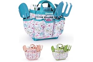 Grenebo-Gartenspielzeug für Kinder, inklusive Metallkelle, Pflanzschaufel, Gartenhut, Rechen, Schürze, Handschuhe, Gießkanne und Werkzeugtasche (blau)