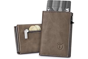 Tomylv Geldbörse Herren Slim RFID Schutz Leder Magnetisch Portmonee Herren, Automatisches Pop-up Kartenetui Kreditkartenetui mit Banknotenfächer, Münzfach, Ausweisfenster – Braun (Minimalistisch)