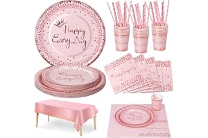 Nkaiso Party Tableware, Pink and Rosegold 126 Piece Happy Everyday Decoration Party Accessories Paper Plates Set,Birthday Paper Cups Paper Plates Napkins for Children's Birthday Party -25 Guests