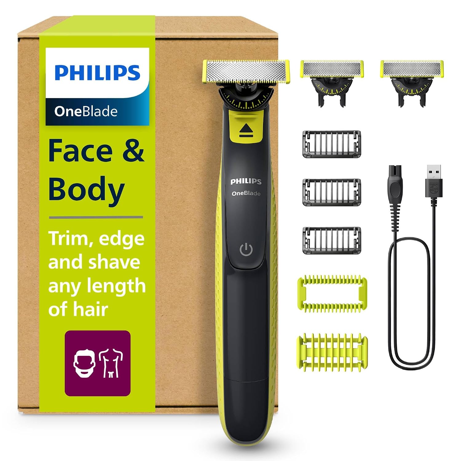 Philips OneBlade 360 Autentico Regolabarba Elettrico per Viso e Corpo, Rasoio e Spazzola, 3x 360 Lame, 3x Pettine per Barba (1,3,5 mm), 1x Kit per il Corpo, QP2824/31