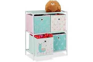 Relaxdays Kinderregal mit 4 Boxen, Jungen & Mädchen, Lama-Design, Regal Kinderzimmer, Spielzeug, HBT 62 x 53 x 30, bunt