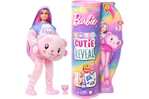 ‎BARBIE Barbie Cutie Reveal Miś Lalka Seria Słodkie stylizacje Lalka w kostiumie misia z 10 niespodziankami, w tym zmianą koloru, HKR04