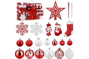 ‎SOLEDI SOLEDI® 128er Set Premium Weihnachtskugeln Kunststoff Rot Weiß mit Baumspitze Stern - Robuste und Sichere Christbaumschmuck Set mit Aufhängen - Christbaumkugeln Bunt, Mehrweg Weihnachtsdeko