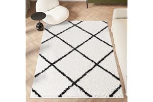 HomeArt Fluffy Shaggy RUG for Living Room, High-Pile (30mm) Super Soft Warm Lined Diamond Thick Luxury Area Carpet for Bedroom and Home Decoration, Small to Extra Large (White/Black Line, 60 x 110 cm)