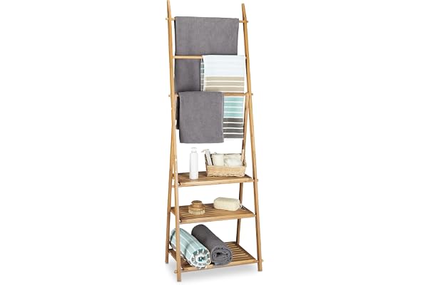 Relaxdays handdukshängare, natur | bambu, hopfällbar klädställning, 3 hyllor, 3 stänger, 4 krokar, 152 x 53 x 31 cm