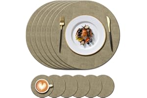 KERYCHIN 6 Round Leather Placemats(34cm) + 6 Round Washable Coasters(10cm) Set, Heat Resistant 212 °F, Non-Slip and Waterproof, Easy to Clean for Kitchen, Restaurant, Hotel, Outdoor, Indoor, (Linen)