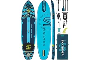 Skatinger Super szeroka nadmuchiwana deska do wiosłowania, ultra stabilna szeroka deska SUP dla 2+1 osób/rodziny/duży rozmiar z paskiem na ramię, plecak 100 l, uniwersalna deska SUP, płetwa