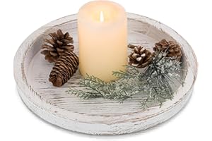 Hanobe Wooden Coffee Table Tray: Round Decorative Wood Serving Trays Rustic White Centerpiece Candle Holder Farmhouse Ottoman Tray for Decor Kitchen Counter Home Decor