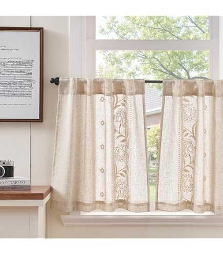 Autrefois Rideau Brise-Bise Enrouleur Lin Brodé 45x60 Cm – Voilage Élégant French Style, Gris, Pour Cuisine, Salle De Bain, Salon