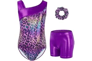 Gogokids Conjunto de gimnasia de tres piezas para niña, cuello en Y, sin mangas, con pantalones cortos y diadema, traje de gimnasia con diseño de bloques de color azul y morado, 3-12 años