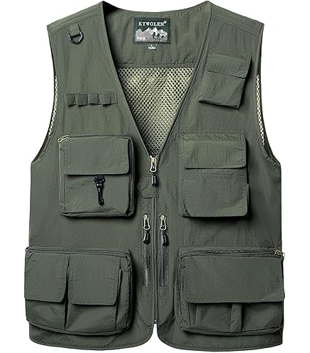 GAOHONGMEI Gilet pour homme multi-poches en toile de coton fin pour la pêche, le camping, les voyages, la photographie, la randonnée, le gilet-kaki-XXXXL