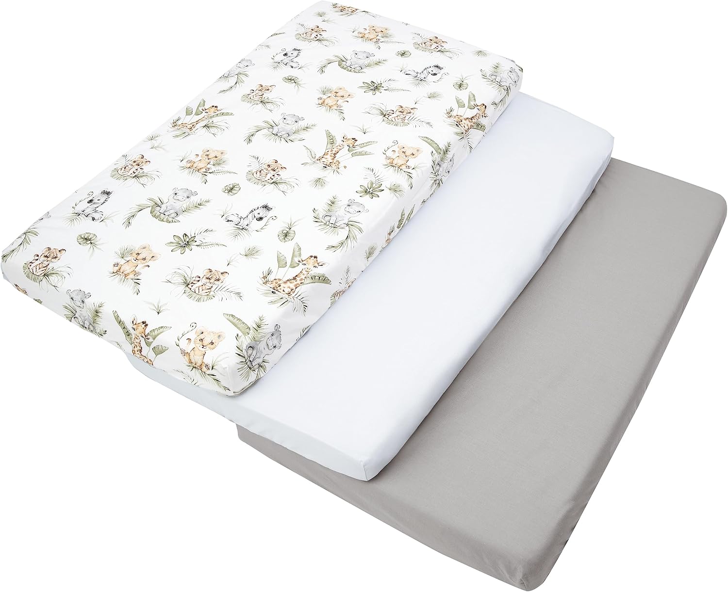 Medi Partners Sabana Bajera Cuna 60x120 Set de 3-100% Algodon Sabanas de Algodón Bebe Ropa de Cama para Bebés Dormir Cuna Fitted Bed Sheet Protector (Safari-Blanco-Gris)