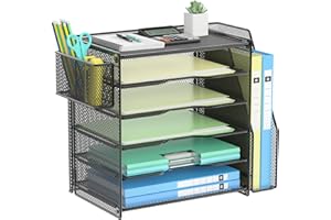 OUTWOLF Schreibtisch Organizer mit Aktenhalter, 6Tier Briefablage mit 1 vertikaler Ablagefächer, 1 Stifthalter, Netz Schreibtisch Ablage Zeitschriftenhalter für Büro Bedarf Dokumentenablage, Schwarz