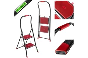 ‎KADAX KADAX Drabina stalowa 2-stopniowa 150 kg czarno-czerwona do prac domowych i warsztatowych, antypoślizgowe stopnie zwiększają stabilność, poręcz i blokada zapobiegają przypadkowemu złożeniu