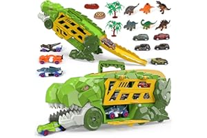 Aoskie Giocattolo dinosauro camion per ragazzi dai 3 4 5 6 7 8 anni 2 in 1 T-Rex Transporter Auto, truck giocattolo con 6 auto e personaggi dino, regalo per bambini