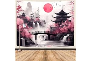 GOAOK Tapiz de anime japonés, flores de cerezo japonés, cascada, sol, asiático, oriental, abstracto, tinta, tapiz de paisaje natural, para sala de estar, dormitorio universitario, 203 x 152 cm