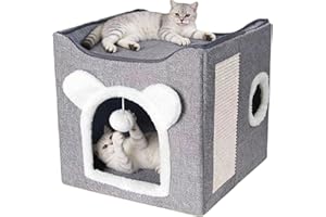 PLUSHPLUMAGE Cat House,Cat Beds for Indoor Cats,Multifunctional Double Foldable Layer Cat Beds & House,Cat Cave with Hanging Fluffy Ball & Cat Scratching Board,for Multi Small Pets,All Seasons