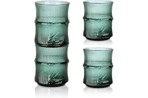 Joeyan Lot de 4 petites tasses à eau et jus de fruits, verrerie de cuisine côtelée, verres à boire en relief verts, verres empilables décoratifs en bambou, passent au lave-vaisselle, 8,5 g