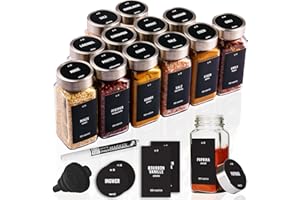 Deco Haus Juego 12 Tarros Especias con Tapa Rosca - Etiquetas, Embudo, Cepillo, Marcador - Va con Nuestros Estantes para Condimentos - Almacenamiento y Dispensador Vidrio Transparente 120ml 10.5x4.3cm