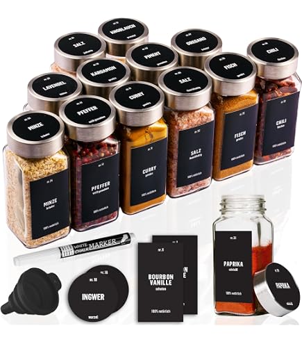 KIVY Barattoli per spezie con inserto per spargere [24 x 120 ml] + 240 etichette impermeabili – Barattoli ermetici per spezie rettangolari – Spice Jars Set – Contenitori vuoti – Contenitori per spezie