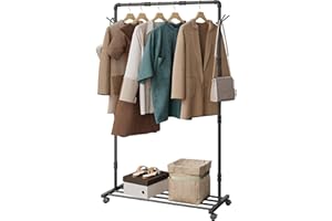 OROPY Rolling Clothes Rail, Metal Clothing Hanging Rail with Wheels and Hooks, Sturdy Clothes Rack with Bottom Storage Shelf
