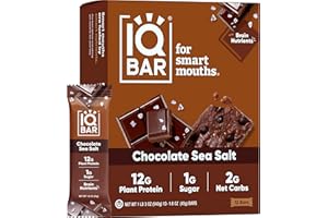 IQBAR Brain and Body Plant Protein Bars - Chocolate Sea Salt - 12 Count, Low Carb, High Fiber, Gluten Free, Vegan Snacks - Low Sugar Keto Energy Bar