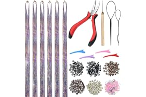 Vlasy Hair Extensions Tools Kit, 6 PCS 48 Inch Hair Tinsel Kit with Pliers, Pulling Hook Needle and 250 PCS 5mm Silicone Micro Beads, Fairy Tinsel Extensions and Hair Glitter Strands(Rainbow)