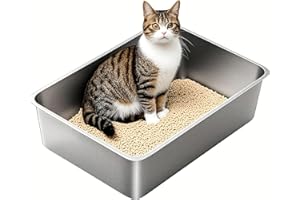 SAROSORA Kuweta dla kota ze stali nierdzewnej, duża, metalowa kuweta dla dużych kotów, otwarta kuweta dla dużych kotów, Hop-in, toaleta dla kotów, 60 x 40 x 15 cm, bezzapachowa, nierdzewna, zabezpieczona przed