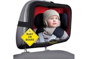 Royal Rascals Baby Car Mirror for Back Seat - Shatterproof Car Rear View Mirror w/360° Rotation, Adjustable Straps & Strong Mount, Essentials for Newborn Safety + Baby on Board Sign, Black