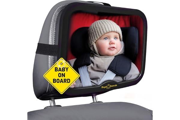 ROYAL RASCALS - Miroir de voiture pour bébé - Le rétroviseur LE PLUS SÛR pour surveiller votre bébé sur le siège arrière - NOIR - Convient à tout appuie-tête - Inclinable et orientable