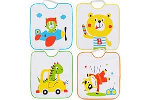 Ti TIN | Lot de 4 Bavoirs ImpriméÉponge Imperméable, 33x36 cm | 90% Coton, 10% Polyester - Bavoirs pour Bébés de plus de 1 an - Fermeture Élastique - Doublure Vinyle - Animaux - 320gr/m²