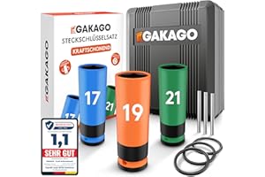 Gakago Kraft-Schoneinsatz - 17mm 19mm 21mm Radschrauben Nuss Set mit Kunststoff-Felgenschutz - 1/2 Zoll Steckschlüssel-Einsatz für Drehmoment- und Schlagschrauber mit Sicherheitsstift und Ring