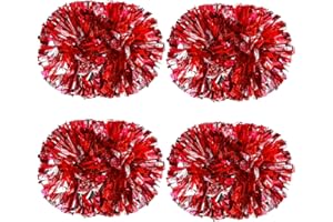 Colexy Pom Poms Cheerleading, 4 Pièces Pompons de Pom-Pom Girl de Couleur, Métallique Boules de Fleurs de Pom Pom avec Poignée, Pompons de Danse pour Sport L'aérobic, Argent Mélangé avec Rouge