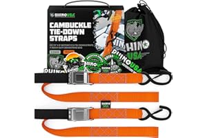 RHINO USA Motorcycle Tie Down Straps (Set of 2) - Heavy Duty 1000 kg Break Strength, Cambuckle Motorbike Tiedowns with Soft Loops & Hooks - Better Than a Ratchet Strap - Orange