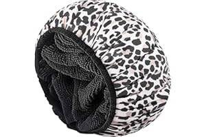 Aquior Shower Cap,Extra Large Triple Layer Bathing Cap with Dry Hair Function for Women Microfiber Terry Cloth Silky Satin 100% Waterproof Reusable Long Hair Bath Caps (Leopard)