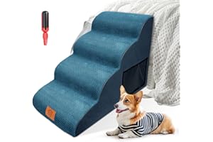 HEVOL Hundetreppe für Kleine Hunde, Wasserdicht 4 Stufen Hundetreppe mit Waschbar Bezug und Seitentasche aus Mesh, Schaumstoff Hunderampe für Sofa Hohe Bett-Senden 1 Fusselrolle
